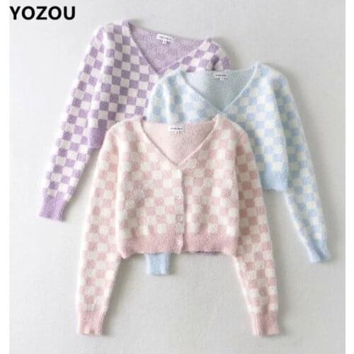 Women V-Neck Autumn Sweet Kawaii Cute Vintage Checkerboard Plaid Pink Purple Blue Single Breasted Button Up Cardigan Sweater