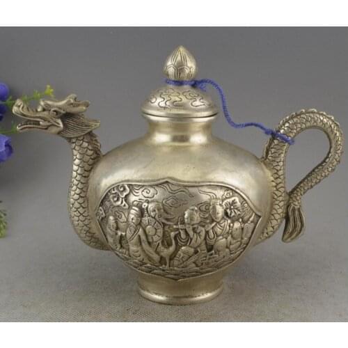 China Silver dragon head Eight Immortals god statue Wine Tea Pot Flagon