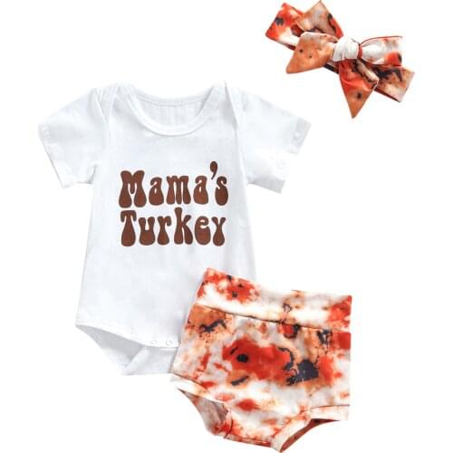 2021-07-06 Lioraitiin 0-24M Infant Baby Girl Thanksgiving 3Clothing Set Short Sleeve O-neck Romper Top Shorts Headband Outfit