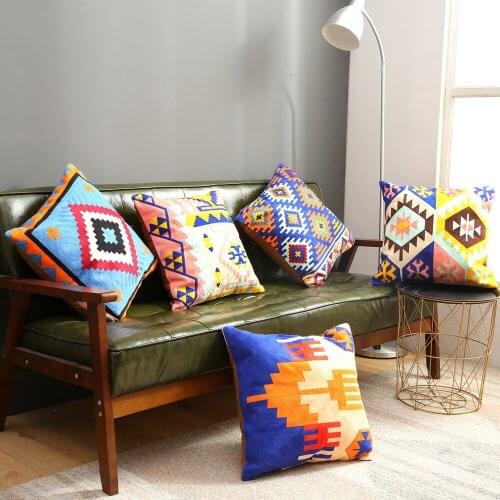 Colorful Boho Throw Pillow Case Geometric Embroidery Cotton Decorative Pillowcase Bed Sofa Cushion Cover 45*45cm Pillow Cover