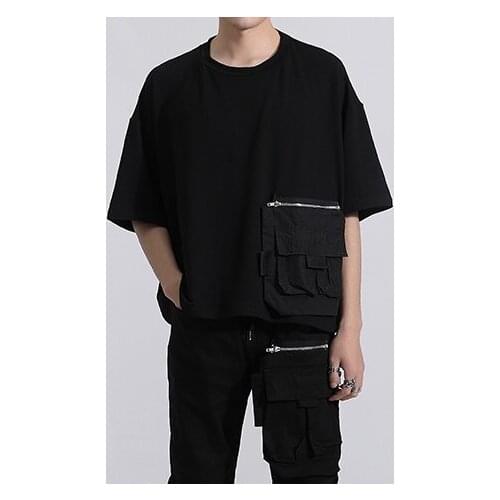 Summer Original Street Fashion dark Three-dimensional Pocket / Stitching Loose Round Neck Short-Sleeved T-shirt