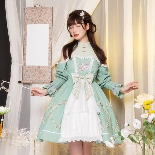 Off Shoulder Lolita Green Op Buckle Chinese Traditional Style Strapless Slim Spring And Summer Classic Sweet Girls Cosplay Retro
