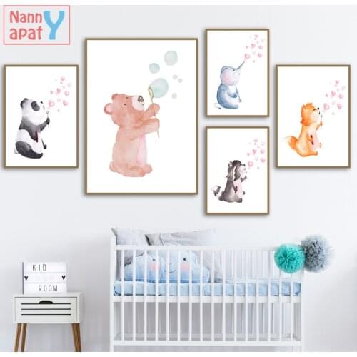Small Animal Blowing Bubbles Poster Cartoon Canvas Painting Bear Elephant Fox Cute Modular Print Picture Baby Kids Bedroom Decor