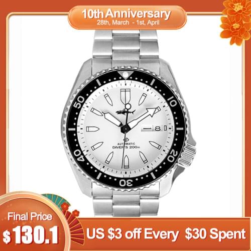 HEIMDALLR Sharkey SKX Mechanical Watch Men Dive Sapphire White Dial Luminous NH36A Mov Automatic Water Resistant Skx007 Watches