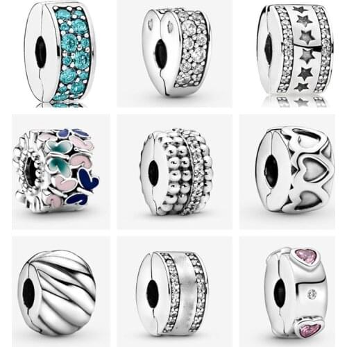 New Polished Feathered Band of Hearts Butterfly Clip bead fit pandora charms 925 Sterling Silver Beads bracelet DIY Jewelry 2020