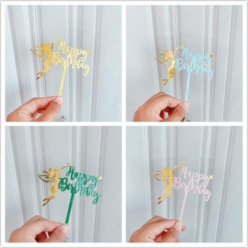 New Elves Girl Happy Birthday Cake Topper Green Pink Blue Acrylic Wedding Cake Toppers Family Birthday Party Baking Decoration