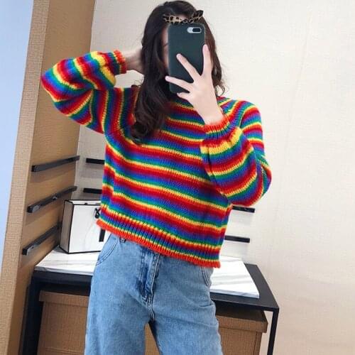 2021 Autumn Women Short Knit Sweaters Pullover Loose Long Sleeve Sweater Female Korean Harajuku Colorful Striped Casual Knitwear