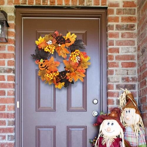 Autumn Theme Door Wreath Artificial Pumpkin Berries Pine Cone Maple Manmade Garland Cloth Rattan Material Home Decoration