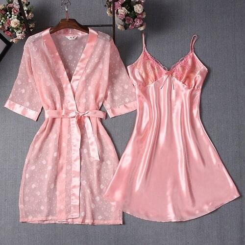 2021 Spring Summer New Sexy Sling Nightgown Ice Pajamas Lace Robe Womens Nightdress Suit Two Pieces Sets Home Wear Sleepwear