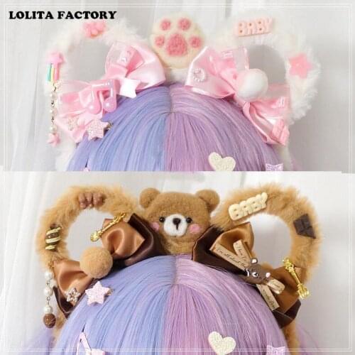 Handmade Japanese Sweet Lolita Plush Bear Ears Bow Hair Band Hair Accessories Kawaii Girl Korean Cosplay KC Headband Hair hoop M