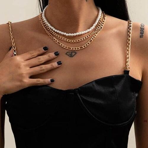 Simple Punk Multi Layered Pearl Choker Women Necklace Statement Female Gold Cuban Chain Necklaces Collar Jewelry XR-01