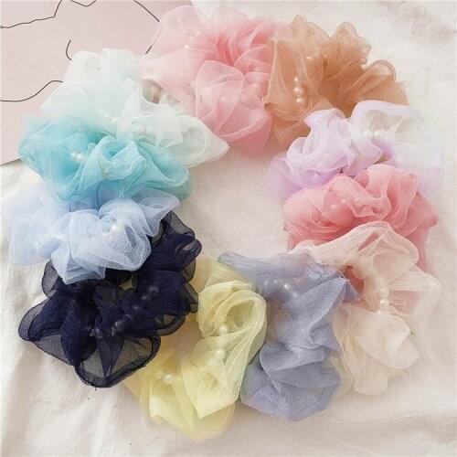 Famous Brand Designs Girls Scrunchie Pearl Beading Ponytail Holder Organza Tulle Rubber Band Women Hair Ties Bands