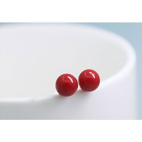 S925 plated silver Red Coral earring stud Gemstone Round Ball Earrings 4mm 5mm 6mm 8mm