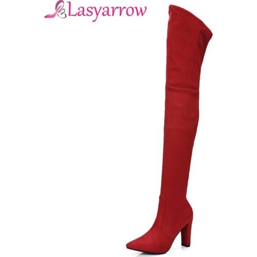 Lasyarrow Sexy Slim Over the Knee Boots Womens Black Red Thigh High Boots Flock Chunky High Heel Long Botas Feminina Elastic