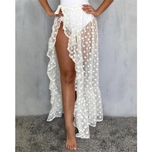 Women Sexy Mesh Sheer Bandage Cover Ups Ladies Polka Dots High Split Sundress Beach Wear Wrap Skirt Dress Summer