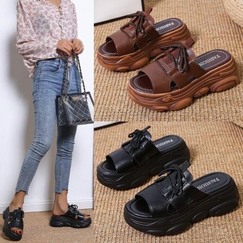 2021 Creepers Cut out cross-tied slippers women sandals flipflops thick soled slides summer platform shoes woman plus size 40/42