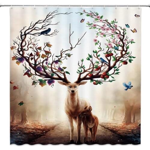 Deer Shower Curtains Cute Fantasy Animal Flower Fruit Bird Butterfly Home Decor Bath Bathtub Waterproof Polyester Curtain Set