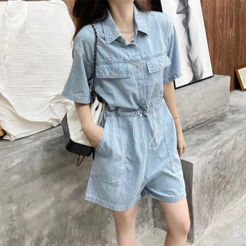 Summer Overalls For Women Drawstring Slim Waist Short Sleeve Denim Jumpsuit High Waist One Piece Turndown Collar Retro Playsuits