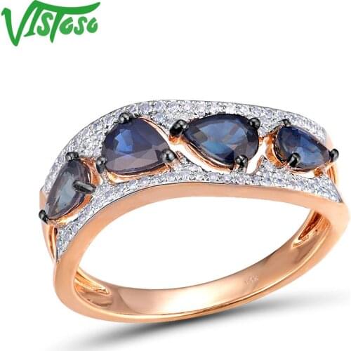 VISTOSO 14K 585 Rose Gold Shiny Diamond Fancy Blue Sapphire Genuine Ring For Women Engagement Anniversary Elegant Fine Jewelry