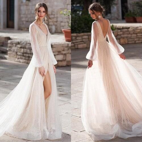 Sexy Shiny Champagne Wedding Dresses V-Neck Split High Long Sleeve Vestido De Noiva Floor Length