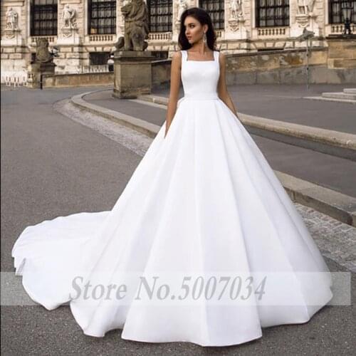 Smileven White A Line Wedding Dress Elegant Satin Bride Dresses Big Bow Back Robe De Mariee Long Boho Wedding Dress