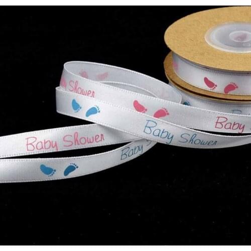 10Yards Pink /bule color 10mm wide Print Baby Shower Footprints English Satin Ribbon Birthday Gift Packaging Decoration