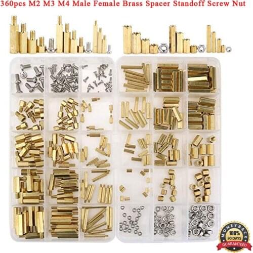 360pcs M2 M3 M4 Male Female Brass Spacer Standoff Screw Nut Assortment Kit Hex Nut Spacing Screw Brass Threaded Pillar PCB Mothe
