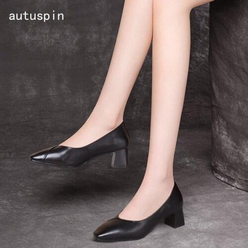 Autuspin Square Toe Womens Pumps Fashion Concise Women High Heels Office Lady Comfortable Genuine Leather Shallow Shoes Beige