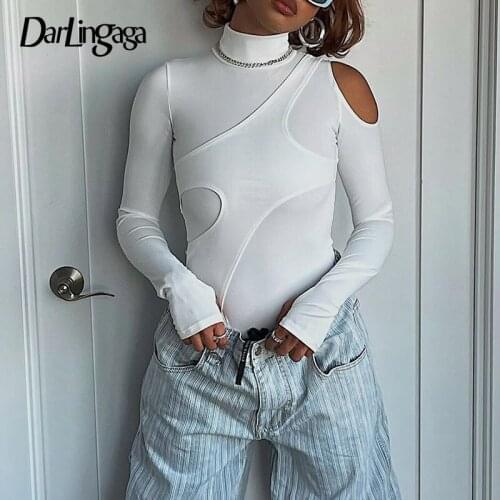 Darlingaga Fashion Skinny White Sexy Bodysuit Tops Long Sleeve Solid Basic Party Bodysuits Women Asymmetrical Cut Out Body Suit