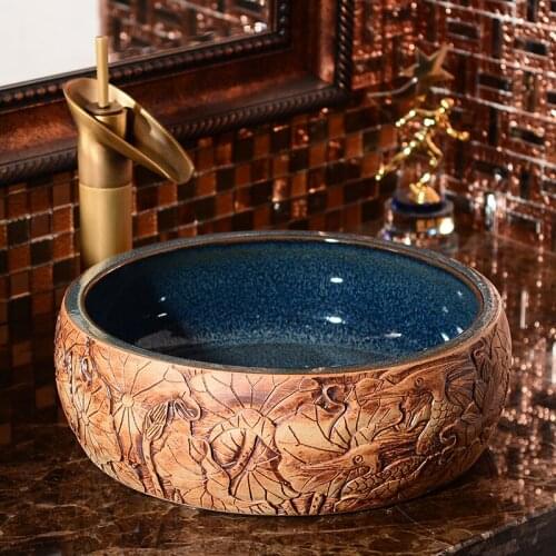 Europe Vintage Style Ceramic Art Basin Sink Counter Top Wash Basin Bathroom Sinks vanities ceramic wash basin carving bird brown
