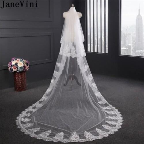 JaneVini White/Ivory 2 Layer Wedding Veil With Comb 3 Meters Lace Edge Brides Veil Tulle Bridal Veils Accessory Velo Con Encaje