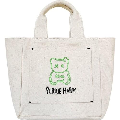 Canvas Bear Hand Bag for Women 2021 New High Quality Cotton Small Female Tote Korean Youth Crossbody Shoulder Bag Purse Handbags