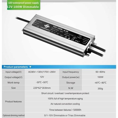 IP67 water proof dimmable DC power supply for led strip light DC 12Vdc 8.3A DC 24V 4.17A 100w dimming lighting transformer
