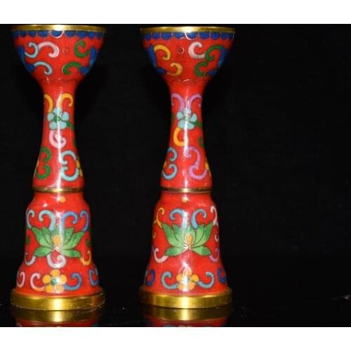 6"Chinese Folk Collection Old Bronze Cloisonne Enamel Vase shape Wax table A pair Candlestick Office Ornaments Town House