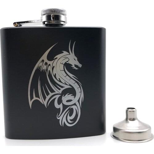 Alalinong DragonTotem Black Hip Flask 6 Oz Stainless Steel Personalized Flask Laser Engraved Dragon For Whiskey Liquor Alcohol