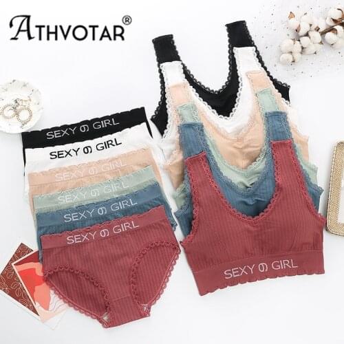 ATHVOTAR 2Pcs Sexy Stripe Lace Lingerie Bra Set Women Solid Color Bralette V-shape Backless Girls Bras Underpants Underwear S