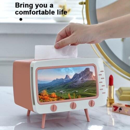 Tissue Box TV Shaped Cell Phone Holder Dispenser Storage Napkin Case Organizer with Mobile Phone Holder for Home Hotel H