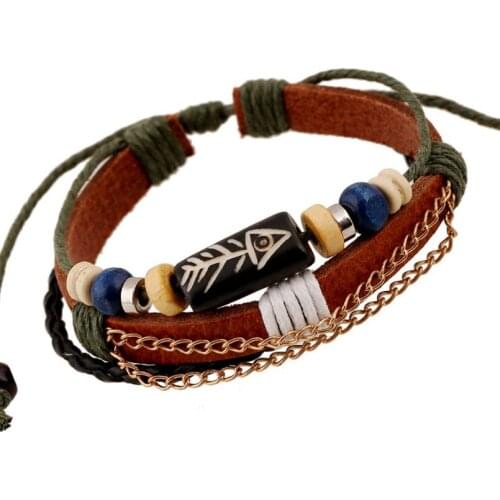 Fashion Fish Bone Beads Bracelet Multilayer Braided Leather Rope Chain Bangle Wrap Retro Charm Wristbands Casual Vintage Jewelry