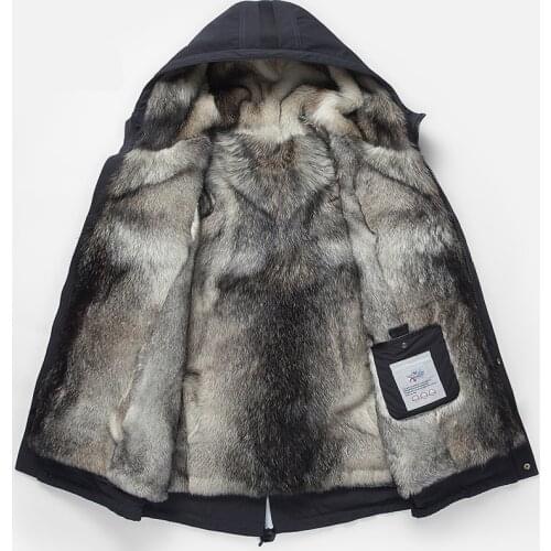 Wolf hair liner Winter Jacket Men Hooded fur one Warmer Parka Gray Detachable Genuine Leather grass Lining Mens Winter Coat
