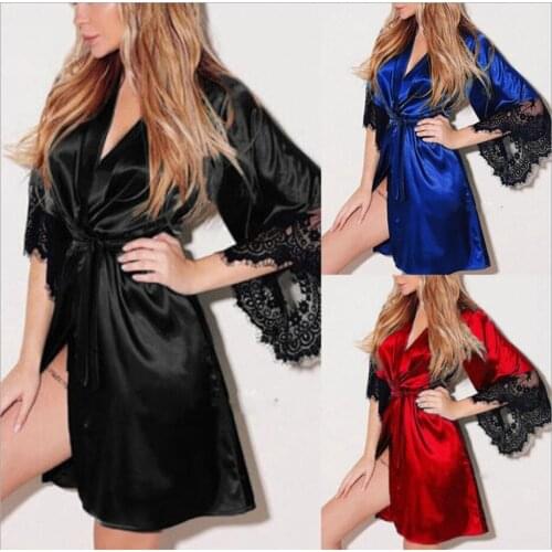 2020 New Sexy Lingerie Transparan Summer Sexy Womens Ladies Bride Robes Kimono Robe Satin Silk Lace Night Wear Gown Sleepwear