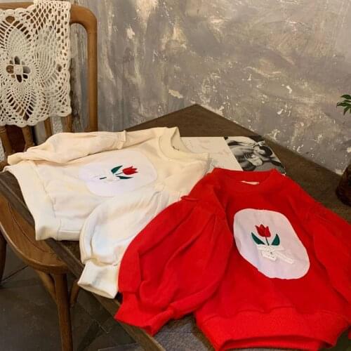 2021 New Autumn Baby Girls Sweatshirts Applique Embroidery Floral Kids Pullovers Tops Korean Style Puff Sleeve Children Clothes
