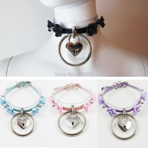 Sexy Cute Lolita Harajuku Handcrafted Kawaii O Round Flower Heart Lock Lockable Collar Layer Leather Choker Necklace