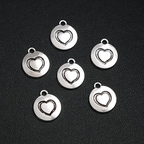 18pcs/Lots 12x14mm Antique Silver Plated Round Charms Heart Pendants For Keychain Jewellery Making Supplies Parts Handmade Kit
