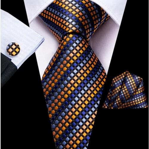 Hi-Tie Blue Gold Striped Silk Wedding Tie For Men Handky Cufflink Set Fashion Designer Gift Tie For Men Necktie Business Party