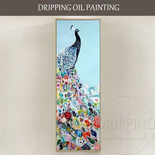 Hand-painted Super Long Vertical Rectangle Oil Painting Modern Abstract Peacock Oil Painting Rich Colors Peacock Oil Painting