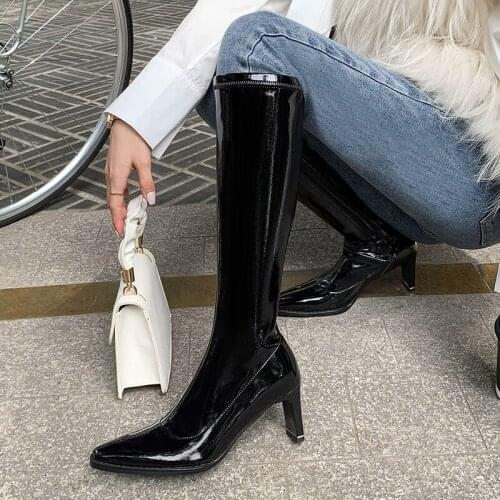Side Zipper Knee High Boots Genuine Leather Pointed Toe Shoes Woman High Heels Shoes Autumn Winter Office Lady Womens Boots