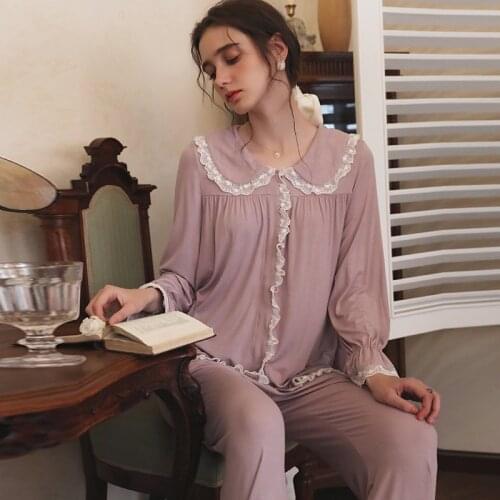 Roseheart Spring Purple Women Lace Sleep Pajama Sets Sleepwear Suits Plus Size 2 Piece Nightgown Stars Warm Cotton