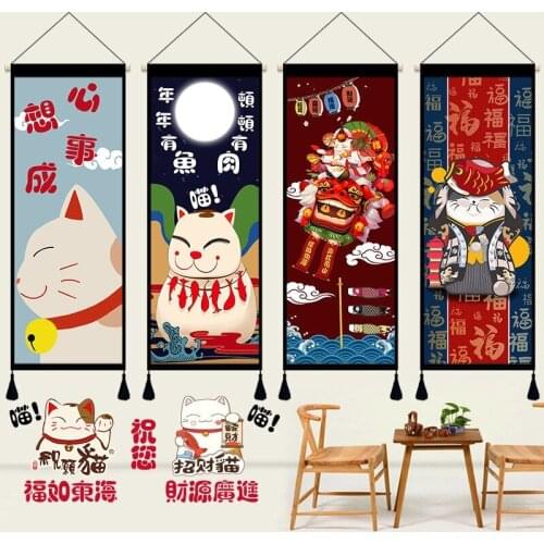 Japan Fu Cat Scroll Hanging Painting Wall Art Canvas Room Decor Anime Posters Living Room Wall Paintings Decoracion Para Sala