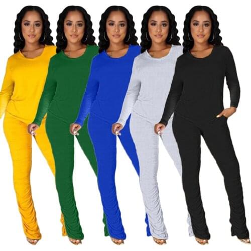 ZH8558 Wholesale Items Solid Color High Waist Bootcut Women Fashion Fall Wear Pants Skinny Two Piece Women Clothing Outfits Sets