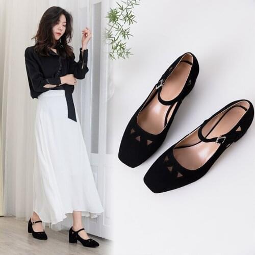 Mid-heeled womens shoes buckle sheep suede womens shoes spring and autumn new leather square head womens shoes